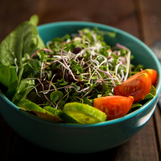 Fresh salad bowl topped with microgreens
