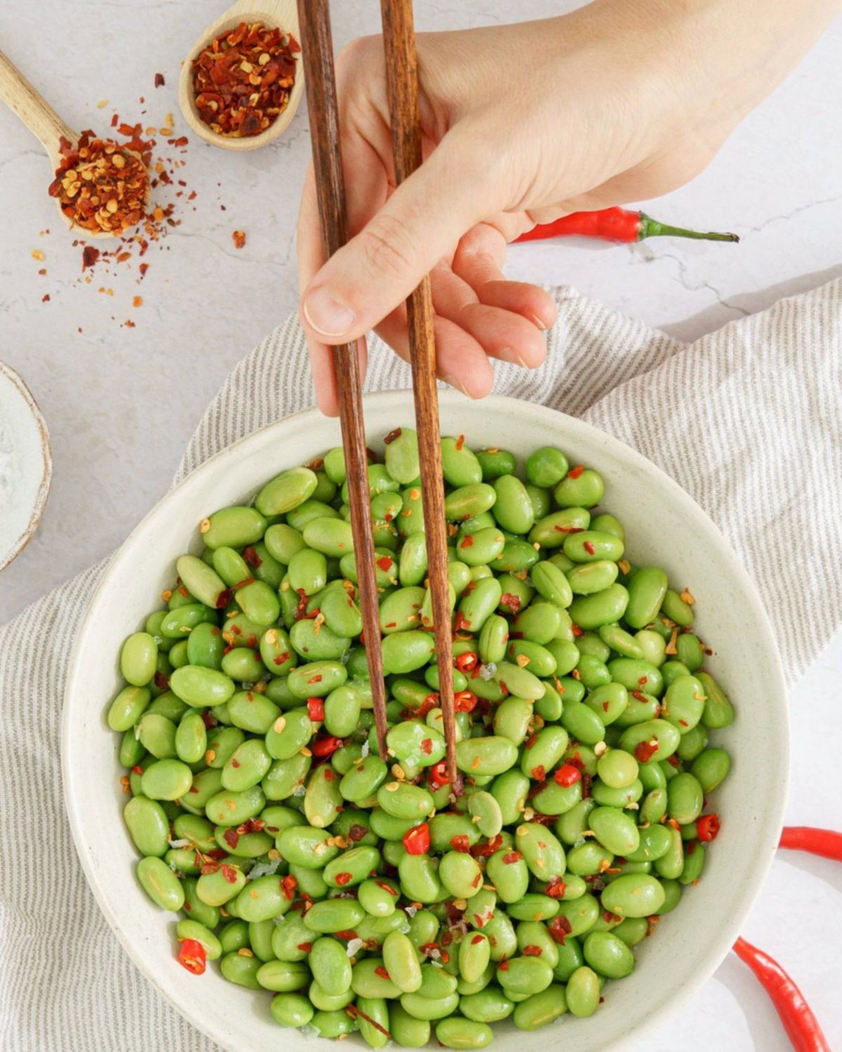 Edamame tossed with chilli flakes