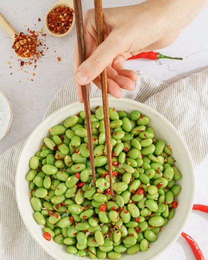 Edamame tossed with chilli flakes
