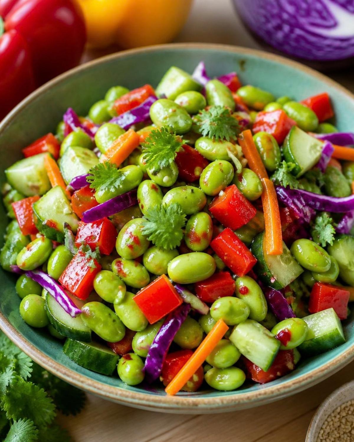 Edamame salad with peppers and cabbage