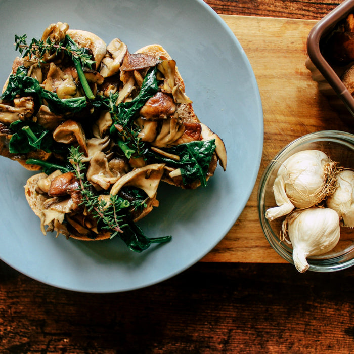 Pan-roasted oyster mushrooms with greens